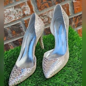 BCBG Women's Silver Faux Snake print Heels; Size 8M